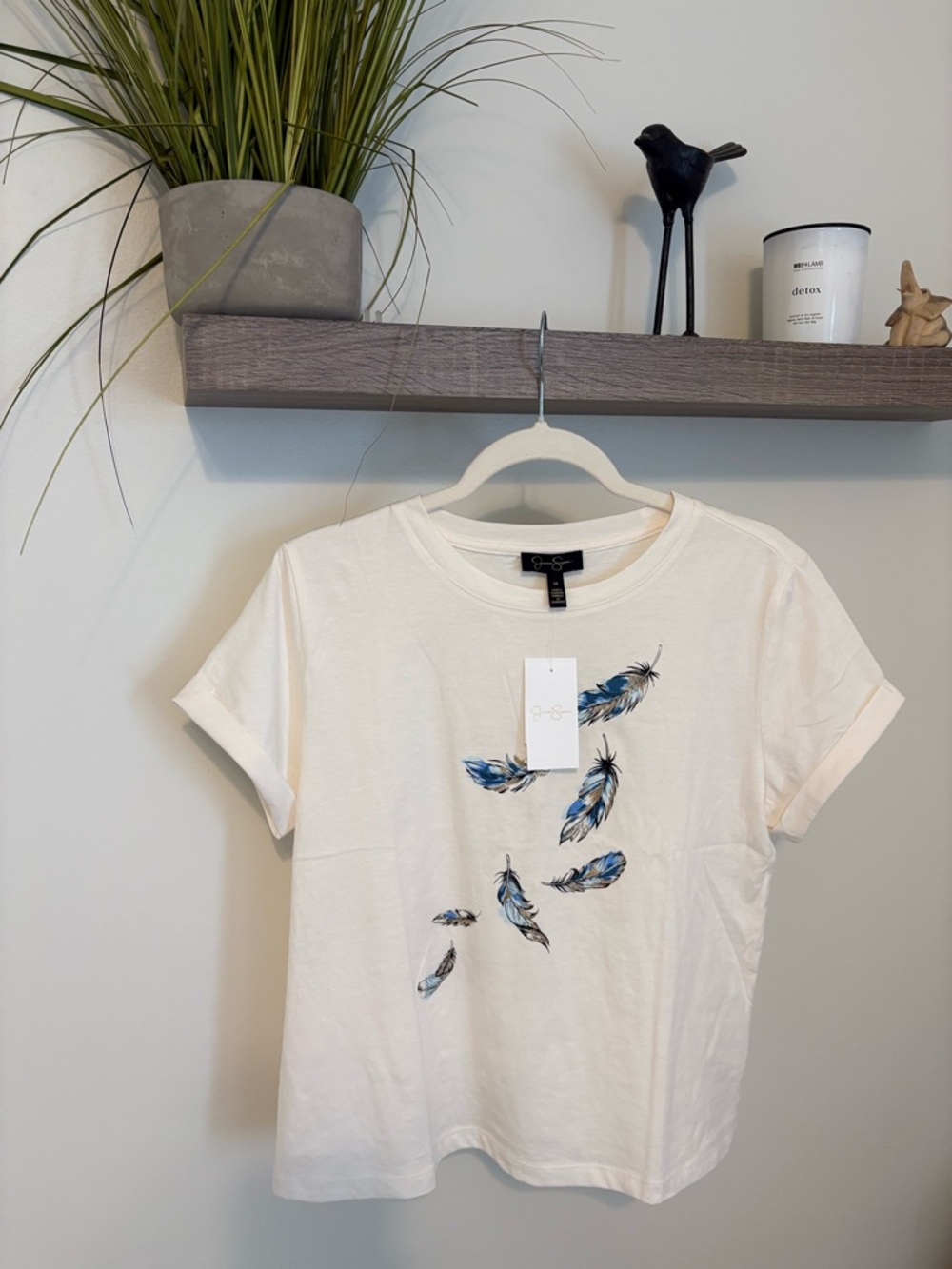 Jessica Simpson White Tee with Blue Feather glittered Accent nwt